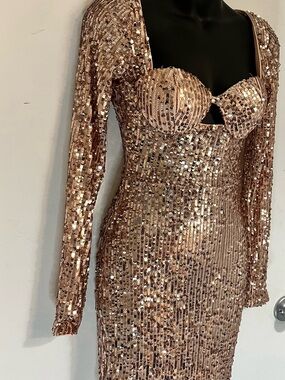 Hera Collection Rose Gold Long Sleeve Sequin Bodycon Dress
